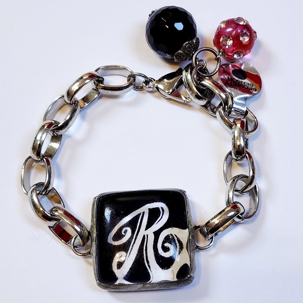 Super Heavy Chunky Charming Silver and Black Initial Bracelet "R"